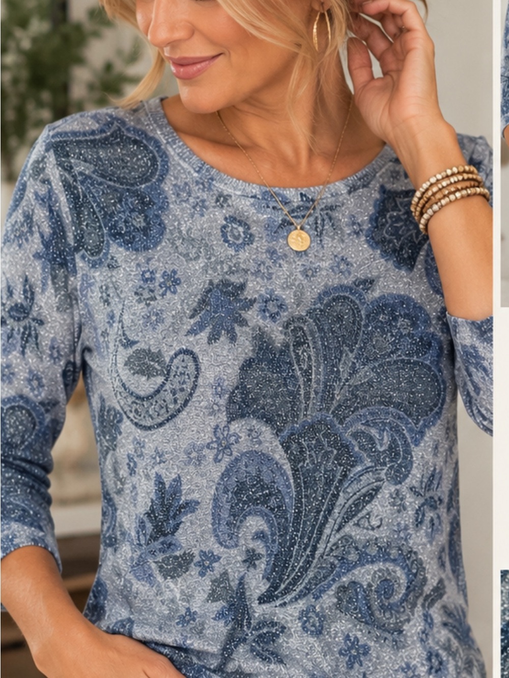 Koret Women’s Shimmer Metallic Paisley Floral Top Size M 3/4 Sleeve
